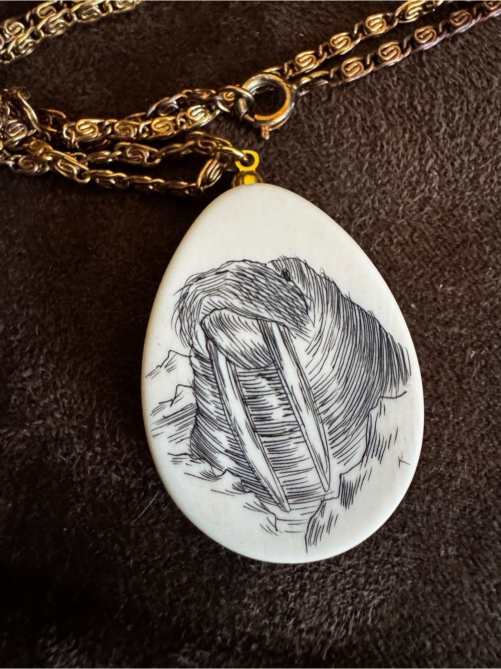 Vintage Gold Chain Pendant Necklace with Scrimshaw White Carved Walrus Motif